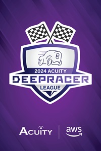 An event logo comprising racing flags, the outline of a DeepRacer autonomous vehicle, the words "2024 Acuity DeepRacer League" and the Acuity and AWS logos.